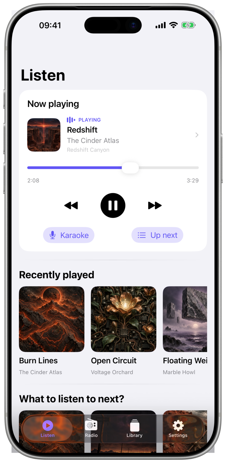 RoadSonic auf dem iPhone: Hören-Bildschirm mit aktueller Wiedergabe und zuletzt gespielten Alben