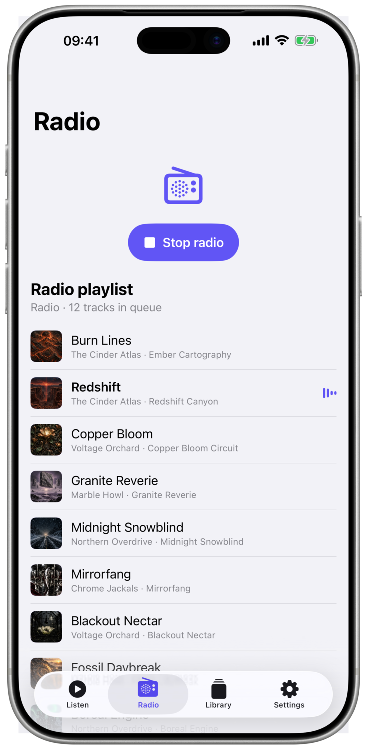 RoadSonic on iPhone: Listen screen with Now Playing and recently played albums