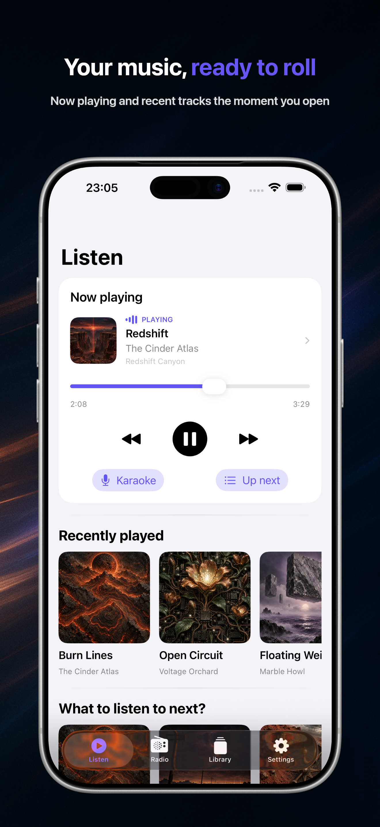 RoadSonic on iPhone: Listen screen with Now Playing and recently played albums